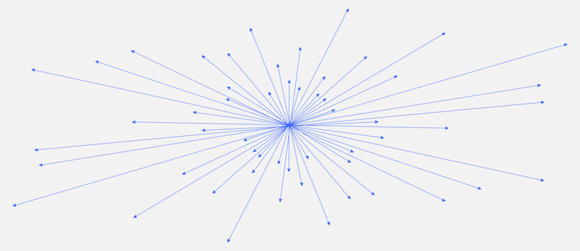 Abstract blue radial lines with arrows in outward burst. Minimalist vector illustration of data distribution, directional flow, and active connectivity. Technical graphic for 2026 design trends.