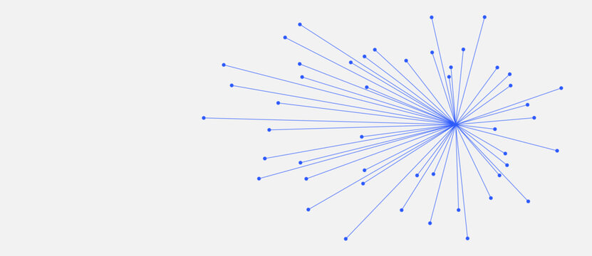 Abstract blue radial lines with dots in burst form. Minimalist vector illustration of a technical network hub, data visualization, or digital connectivity. Graphic for web and print design.