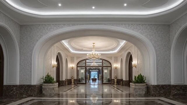Grand luxurious hotel lobby interior with elegant architectural arches, polished marble floors, and sparkling chandeliers, opulent entrance hall.