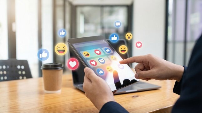 Digital engagement with social media: A close-up shot of a person's hands interacting with a digital tablet screen, adorned with vibrant social media icons