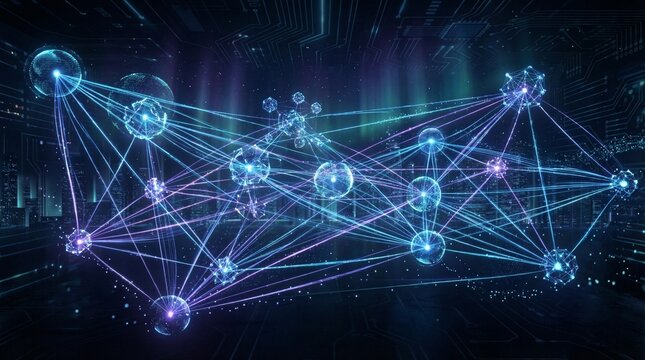 Digital Network: An artistic representation of a complex digital network, with interconnected spheres and lines symbolizing the flow of data and information in a futuristic landscape.
