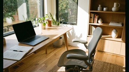 Fototapeta premium Workplace Harmony: A modern, sun-drenched workspace, complete with a laptop, notebook, plants, and a comfortable chair, creating a serene environment conducive to focus and productivity.