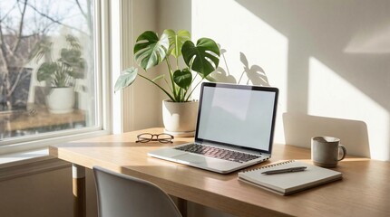 Fototapeta premium Workspace serenity: A well-lit and organized workspace. A laptop takes center stage on a sleek wooden desk, complemented by a potted plant and a notebook.