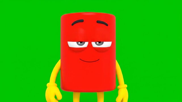 A cheerful red cartoon character with a smiley face and raised eyebrows stands against a green background.