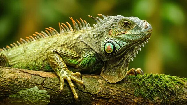 A close-up shot of a vibrant green iguana resting on a mossy tree branch in a tropical forest.
