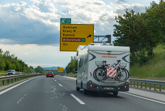 Ptuj, Slovenia - May 24, 2025: A picture of a Weinsberg motorhome driving in a Slovenian highway.
