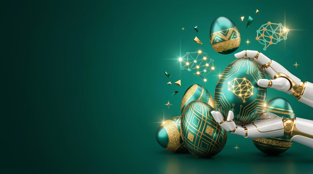 Robotic hand holding decorated easter eggs in green and gold. Futuristic blend of technology and spring holiday tradition. Digital innovation symbolizing renewal and celebration in cyber era