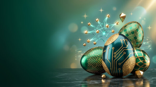 Green easter eggs with intricate circuit board patterns and gold accents. Futuristic technology fusion in traditional holiday decoration. Innovative concept for digital spring celebrations and easter