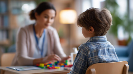 Fototapeta premium Wide bright child psychology scene of a faceless professional from behind seated beside a small therapy table where a young boy is engaging with a building block puzzle the