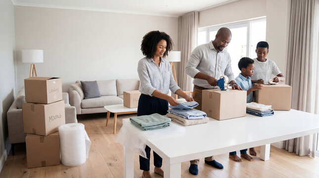 Family Pack Belongings for Move, Parents and Children Organize Items in New Home or Apartment