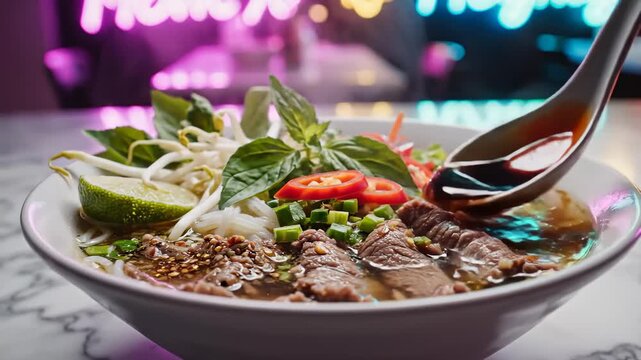 Close-Up of Delicious Vietnamese Pho Soup With Beef and Fresh Herbs in a Restaurant
