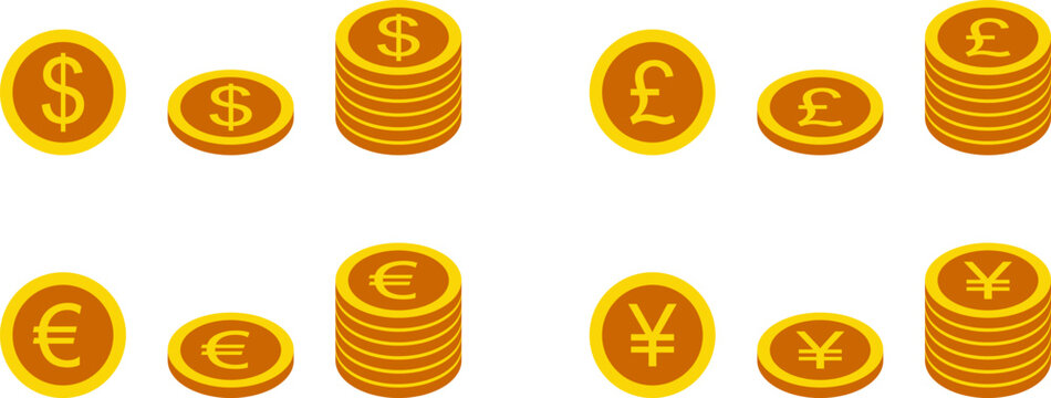 Gold Currency Coins Set Dollar Euro Yen Pound Money Vector Isolated on Transparent Background