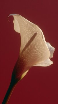 Ripresa ravvicinata di un singolo fiore o spata bianca stilizzata, su uno sfondo rosso intenso e vibrante