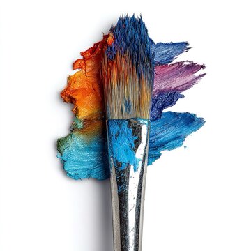 Pennello da pittura ripreso dall'alto, con le setole immerse in vivaci colori, su sfondo bianco trasparente