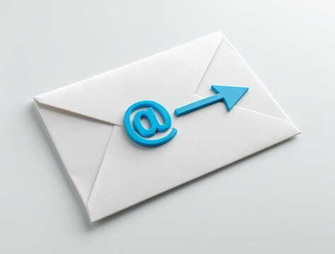 Busta bianca e un simbolo "@" stilizzato con una freccia, che rappresenta le moderne tecniche di email marketing