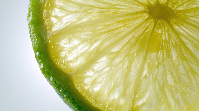 Zesty Citrus Slice: A close-up view unveils the intricate texture and vibrant hues of a fresh lime slice, revealing a juicy and inviting detail.