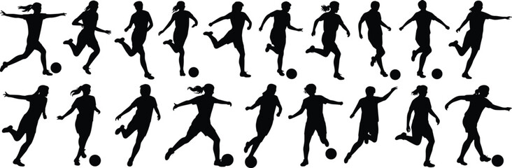 Silhouette soccer players in motion, running, kicking, dribbling, striking ball, dynamic sports illustration, athletic performance, football training concept © MdAbdul