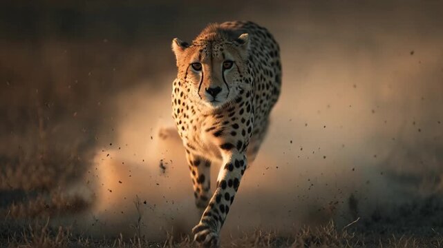 Cheetah in Pursuit: A cheetah, the epitome of speed and agility, explodes into action, its powerful muscles propelling it across the arid landscape with unmatched grace.