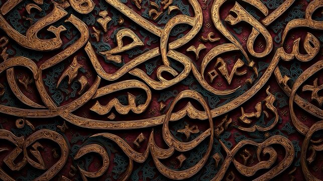 Scrittura calligrafica islamica su legno, caratterizzata da dettagli raffinati e un design tradizionale.