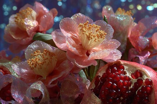 Un primo piano di delicati fiori rosa e una melagrana matura in un arrangiamento scintillante, che evoca un senso di lusso e bellezza naturale.
