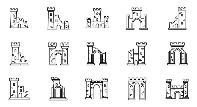 Collection of Castle Ruins Illustrations in a Sketch Style.