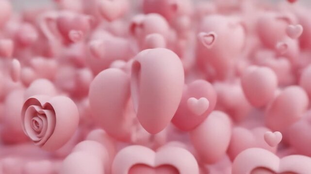 A vibrant digital artwork featuring numerous pink hearts floating in mid-air, varying in size and shape
