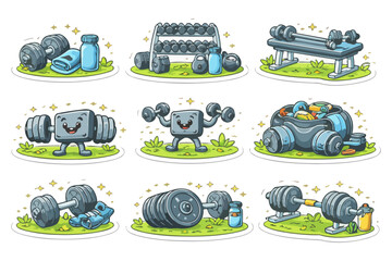 Obraz premium Cute cartoon dumbbells and gym equipment collection for fitness enthusiasts.
