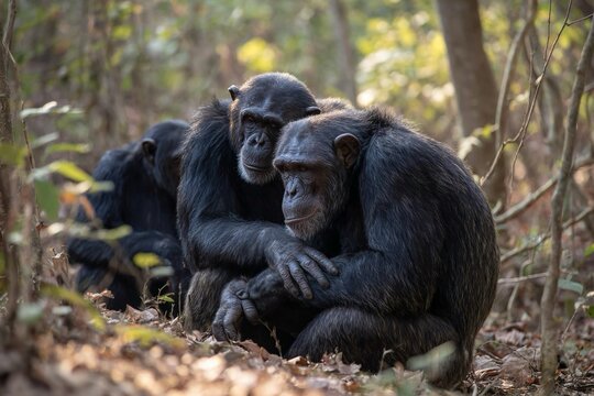 Un gruppo di scimpanz&eacute; &egrave; riunito in un intimo cerchio nella fitta giungla, trasmettendo un senso di comunit&agrave;
