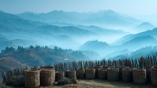 Piantagioni di t&egrave; cinesi nella regione dello Yunnan con cesti tradizionali di bamb&ugrave;