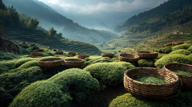 Piantagioni di t&egrave;, in Cina, con cesti colmi di foglie di t&egrave;, tra colline verdeggianti, in una luce nebbiosa e atmosferica.