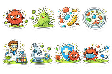 Fototapeta premium Cartoon virus and bacteria with lab scientist microscope healthcare elements.