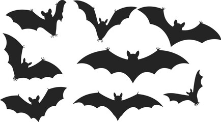 Obraz premium Bat silhouettes collection showing flying bats with spread wings isolated on white background, nocturnal wildlife animal vector illustration set