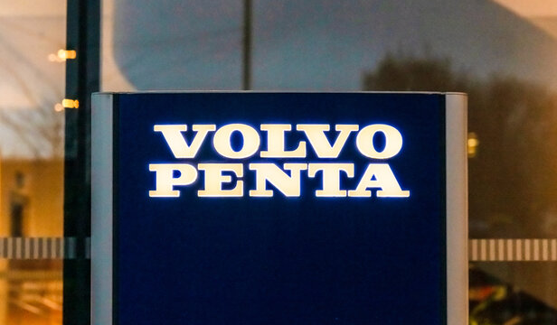 Gothenburg, Sweden - november 30 2025: Volvo Penta illuminated brand sign outside corporate building.
