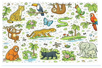 Fototapeta premium Colorful jungle animals and nature scene with trees and plants.