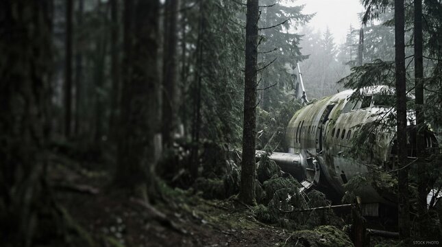 Abandoned airplane wreck lying in deep pine forest. Crashed commercial aircraft fuselage covered with moss among trees. Disaster site, aviation accident, mystery and survival concept.