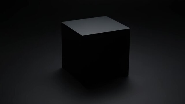 A matte black cube sits centered on a dark surface, its top subtly catching a soft overhead glow. Edges fade into shadow, creating a moody, minimalist scene with quiet depth and precise geometry.
