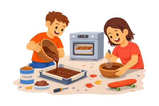 Two children baking brownies together in a kitchen setting.