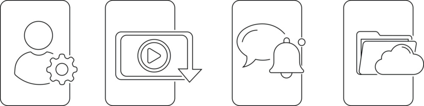 Interface outline icon set vector with user profile settings video playback chat notification and cloud folder storage for mobile app ui ux design isolated on transparent background
