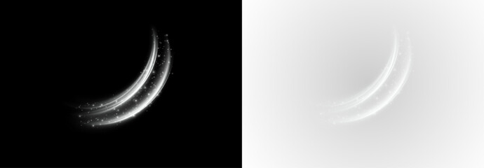 Glowing Trail. An elegant wave of white glowing particles. An abstract white glowing trail with shimmering dust particles and a smooth curve of movement. © Ihor Nemynushchyi