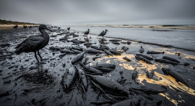 A bird stands amidst a beach covered in dead fish and oil slicks under a gloomy sky.