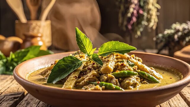Steaming Bowl of Delicious Green Curry With Fresh Basil and Chili Peppers, Close Up