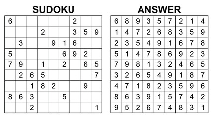 Vector sudoku with answer 55. Educational game with numbers for kids and leisure for adult on white background.	
