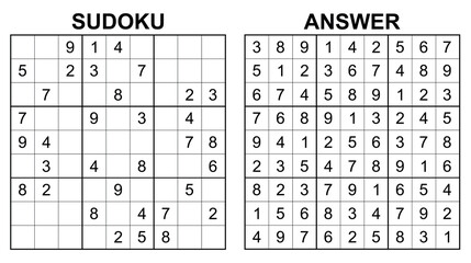Vector sudoku with answer 56. Educational game with numbers for kids and leisure for adult on white background.	