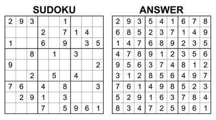 Vector sudoku with answer 53. Educational game with numbers for kids and leisure for adult on white background.	