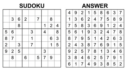 Vector sudoku with answer 52. Educational game with numbers for kids and leisure for adult on white background.	