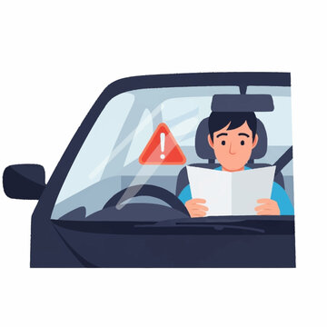 Man driving car looking at map with warning sign.