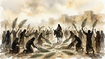 Obraz premium Triumphal Entry of Jesus into Jerusalem Palm Sunday Biblical Art Christian Worship Illustration