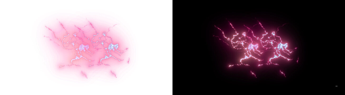 PNG image of Abstract vibrant pink and blue lightning discharge effect creating a dramatic electrifying burst of dynamic energy and power, suitable for various special effects and energetic overlays o