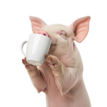 A pig holding a small white mug close to its snout png