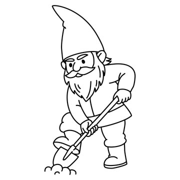 Cute garden gnome digging with shovel, vector character illustration